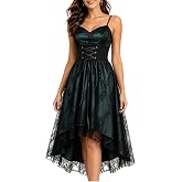 FEOYA Women Gothic Corset Dress Spaghetti Strap High Low Lace Satin Gown