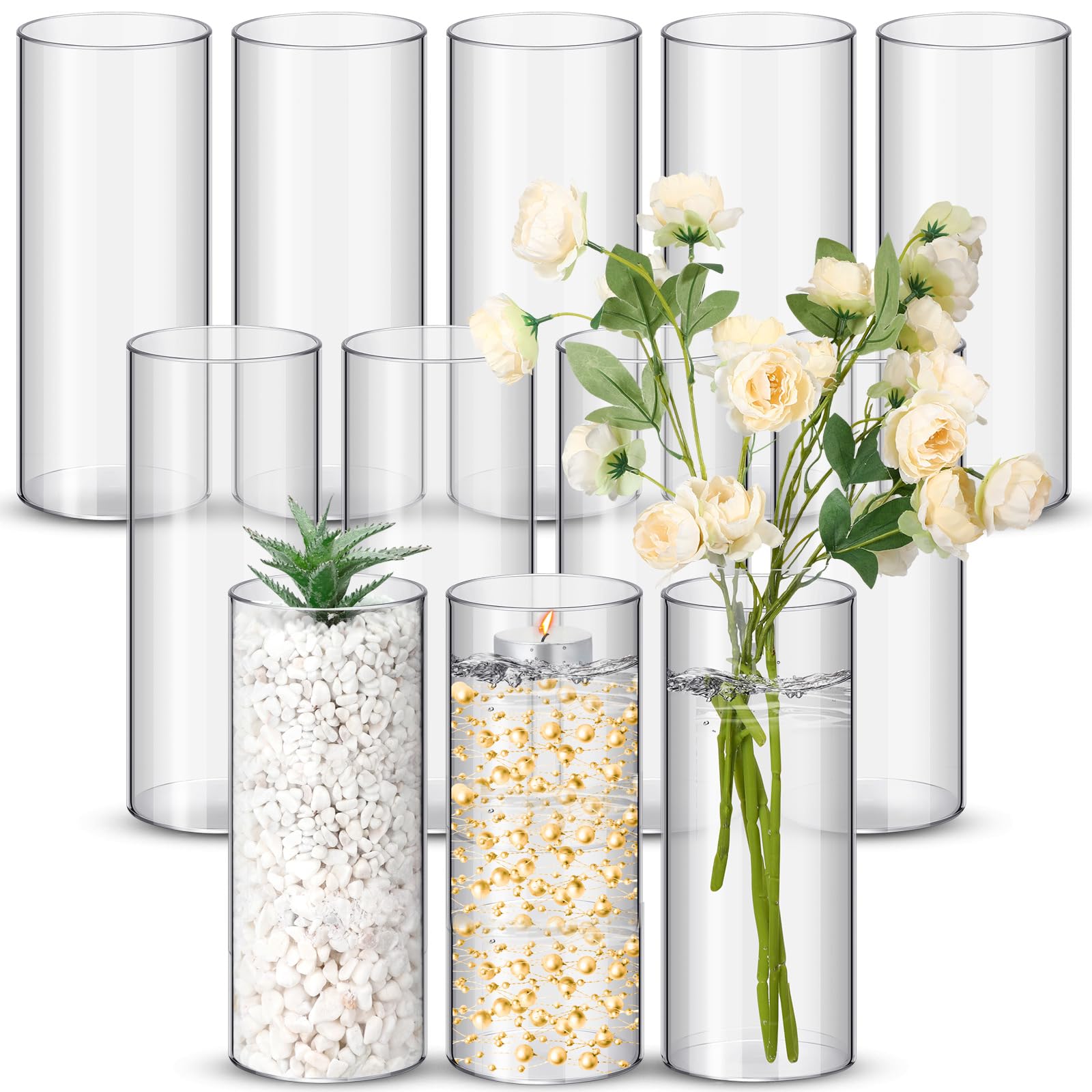 Photo 1 of Nuogo 12 Pcs Plastic Clear Cylinder Vase for Home 8 Inch Acrylic Flower Clear Vase Centerpiece for Centerpieces Wedding Party Decorations