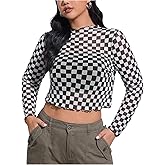 WDIRARA Women's Plus Size Checkered T Shirt Sheer Mesh Tee Long Sleeve Crop Tops