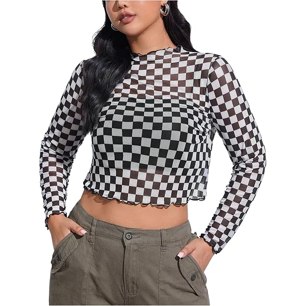 AZPSRT Women's Sheer Mesh See Through Top Black and White