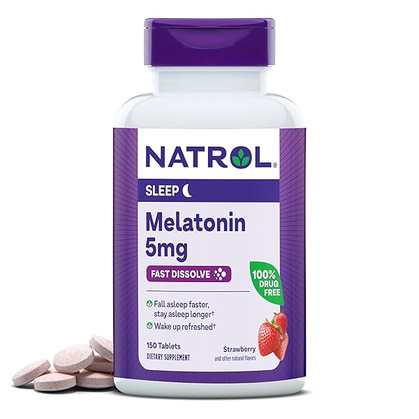 NATROL FAST DISSOLVE MELATONIN 5 MG, MELATONIN SUPPLEMENTS FOR RESTFUL SLEEP, SLEEP SUPPORT FOR ADULTS, 150 STRAWBERRY-FLAVORED TABLETS, UP TO A 150 DAY SUPPLY