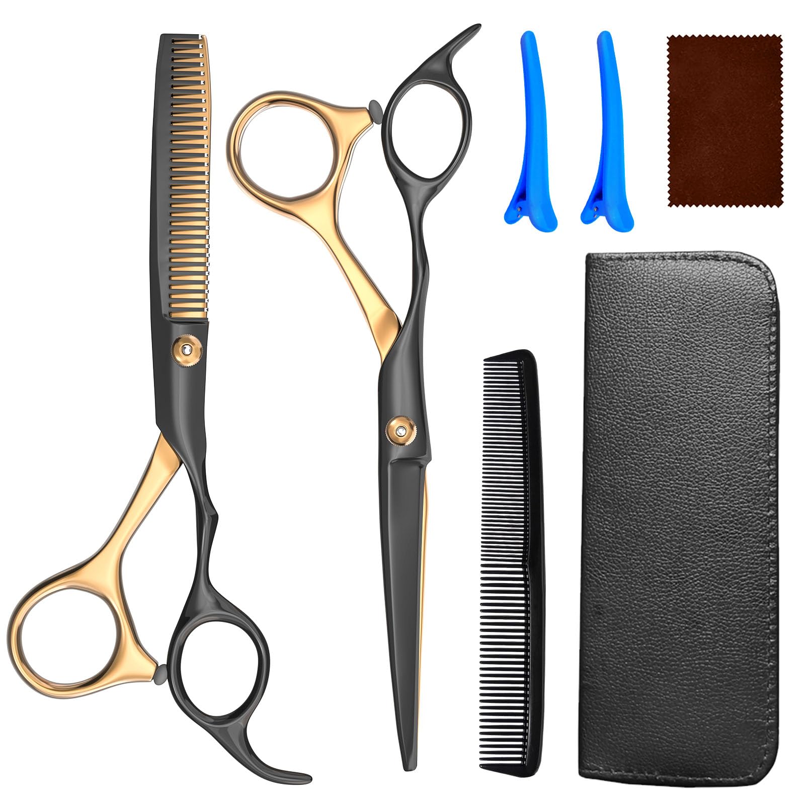 Hairdressing Scissors, 6 Inch Hair Cutting Scissor & Thinning Scissors Hairdressing, Stainless Steel Barber Scissors with Leather Cover, Comb, Hair Clip, Professional Salons Hair Shears Set