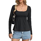 EasyGala Womens Babydoll Long Sleeve Peplum Tops Sexy Y2k Square Neck Henley Shirts Cute Going Out Top Winter 2026