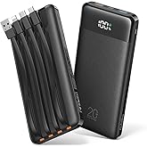 Orfeika 20000mAh Power Bank Fast Charging, Portable Charger with 4 Built-in Cables & 6 Outputs, 20W PD USB C Battery Pack Compatible with iPhone 16/15, Galaxy, Android, iPad & More (Travel Essential)