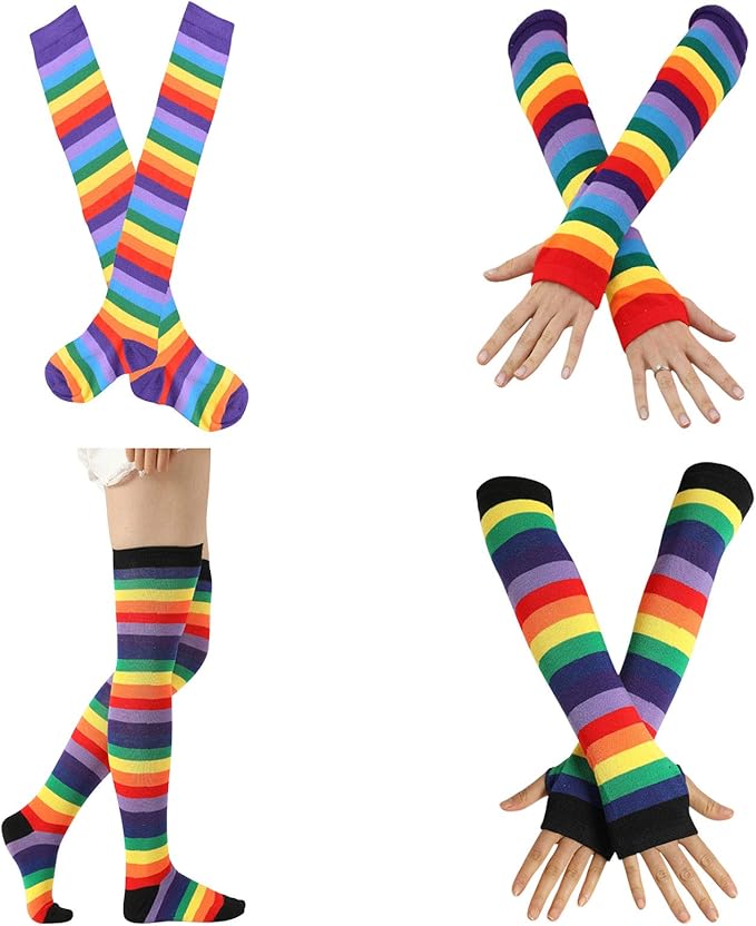 2 Set Women Over Knee Thigh Socks Striped Rainbow Socks Stockings