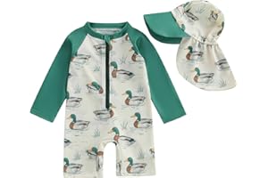 KMBANGI Toddler Baby Boy Mallard Swimsuit Kids Rash Guard Long Sleeve One Piece Bathing Suit Duck Hunting Swimwear with Hat