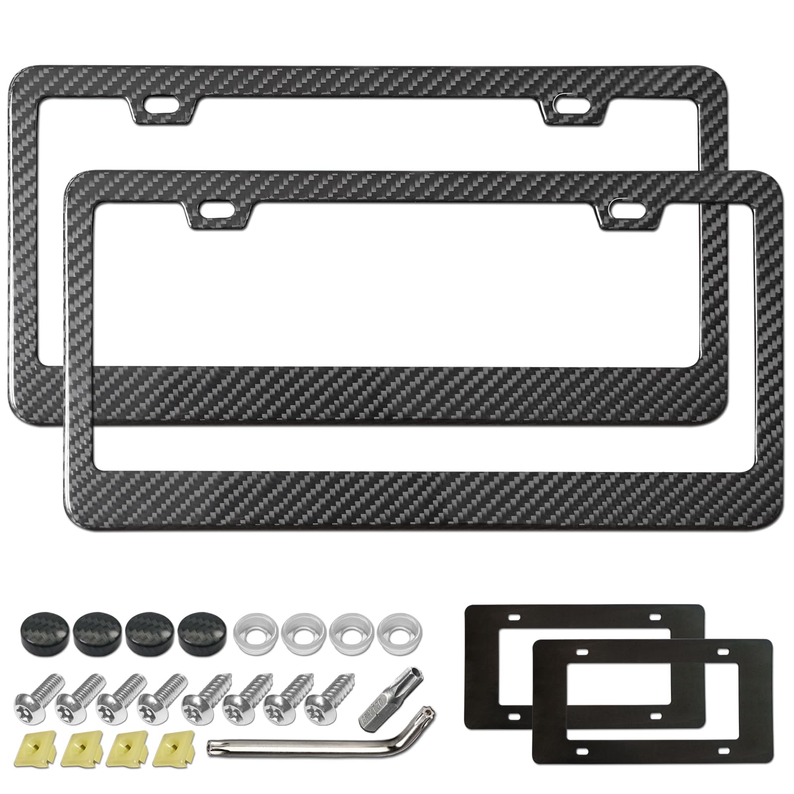 Aootf Carbon Fiber License Plate Frames- 100% Real Carbon Cloth Wrapped Stainless Steel Car Tag Holder, 2 Pack Wide Edge Black Covers with Anti Theft Screws Caps, 2 Hole Image