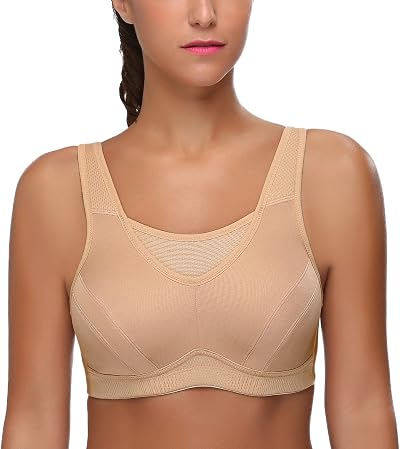WingsLove Women High Impact Sports Bra Full Coverage Wirefree Nude Plus Size