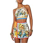SweatyRocks Women's Tie Backless Tropical Print Halter Top and Shorts 2 Piece Vacation Outfits