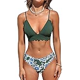 CUPSHE Women's Bikini Swimsuit Scalloped V Neck Lace Up Low Waisted Bathing Suit