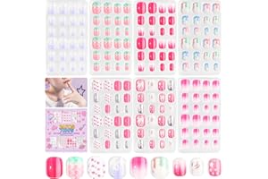 SAVILAND 168Pcs 7 Pack Press on Nails for Kids Children Fake Nails Stick on Nails Pre-glue Full Cover Glitter Gradient Color Star Short Acrylic Nail Tips Nail Art Christmas Easter Gifts for 8-12 Year
