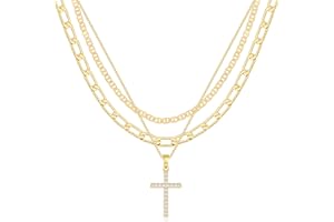 PANCERT Cross Necklace for Women,Stackable Stacked Stacking Layering Layered Necklaces Dainty Gold Necklace Paperclip Box Flat Mariner Chain Necklace Cross Pendant CZ Diamond Simple Jewelry Gift