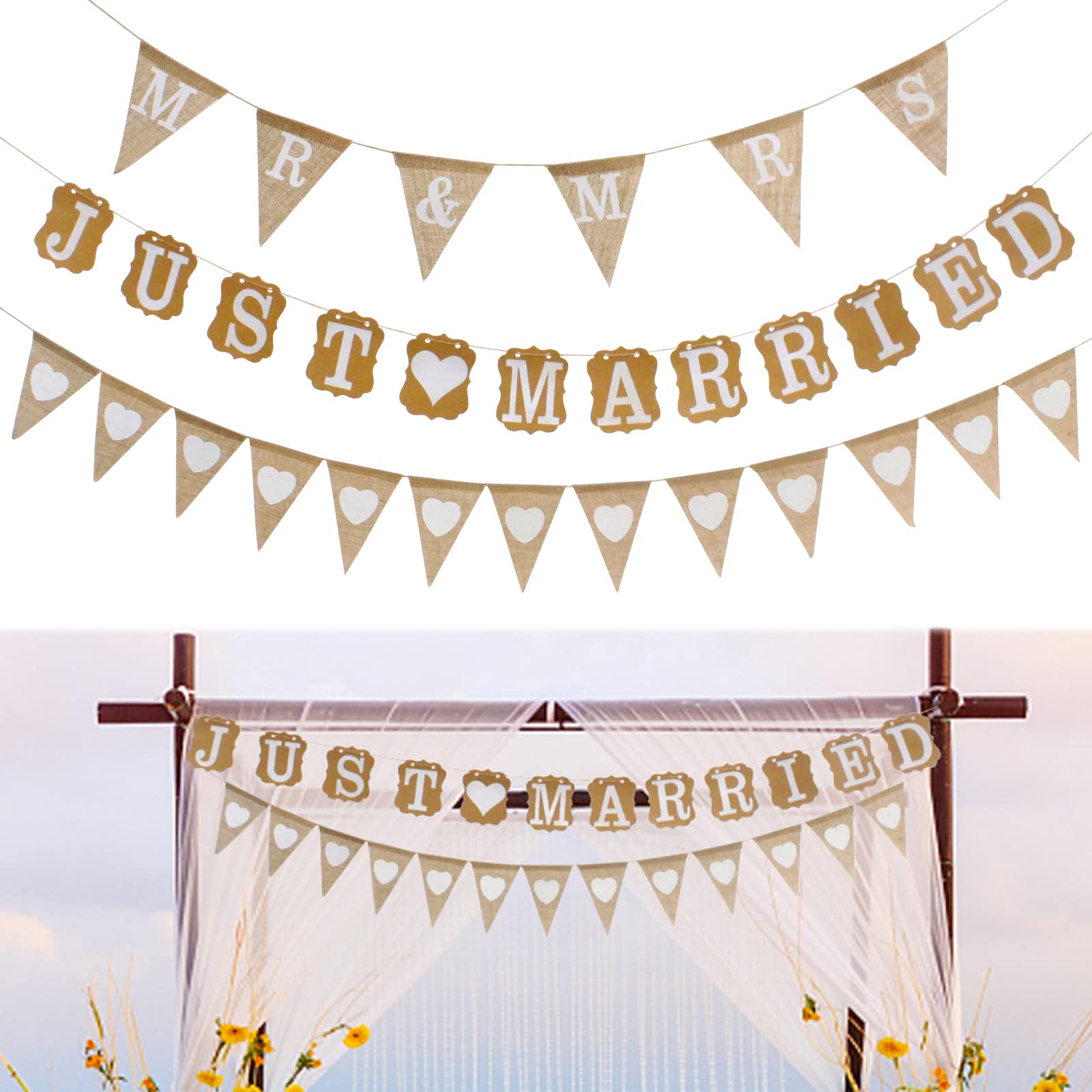 Just Married MR & MRS Banner - Heart Bunting 3 PCS Vintage Burlap Kraft Paper Banner for Wedding & Engagement