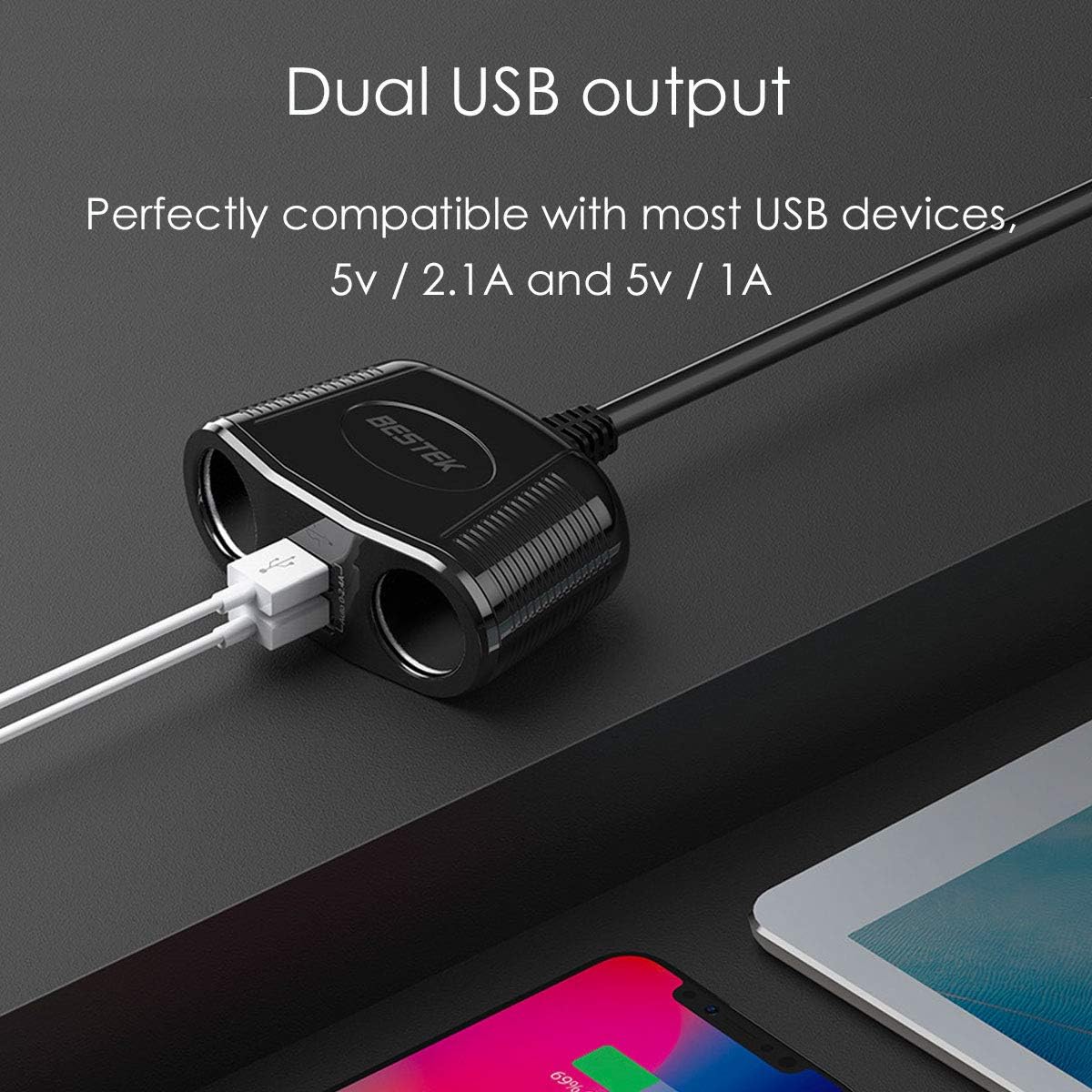 BESTEK 2-Socket Cigarette Lighter Car Charger Power Adapter DC Outlet Splitter with 3.1A Dual USB Ports for iPhone iPad Samsung Galaxy Android Smartphone and More - Image 3