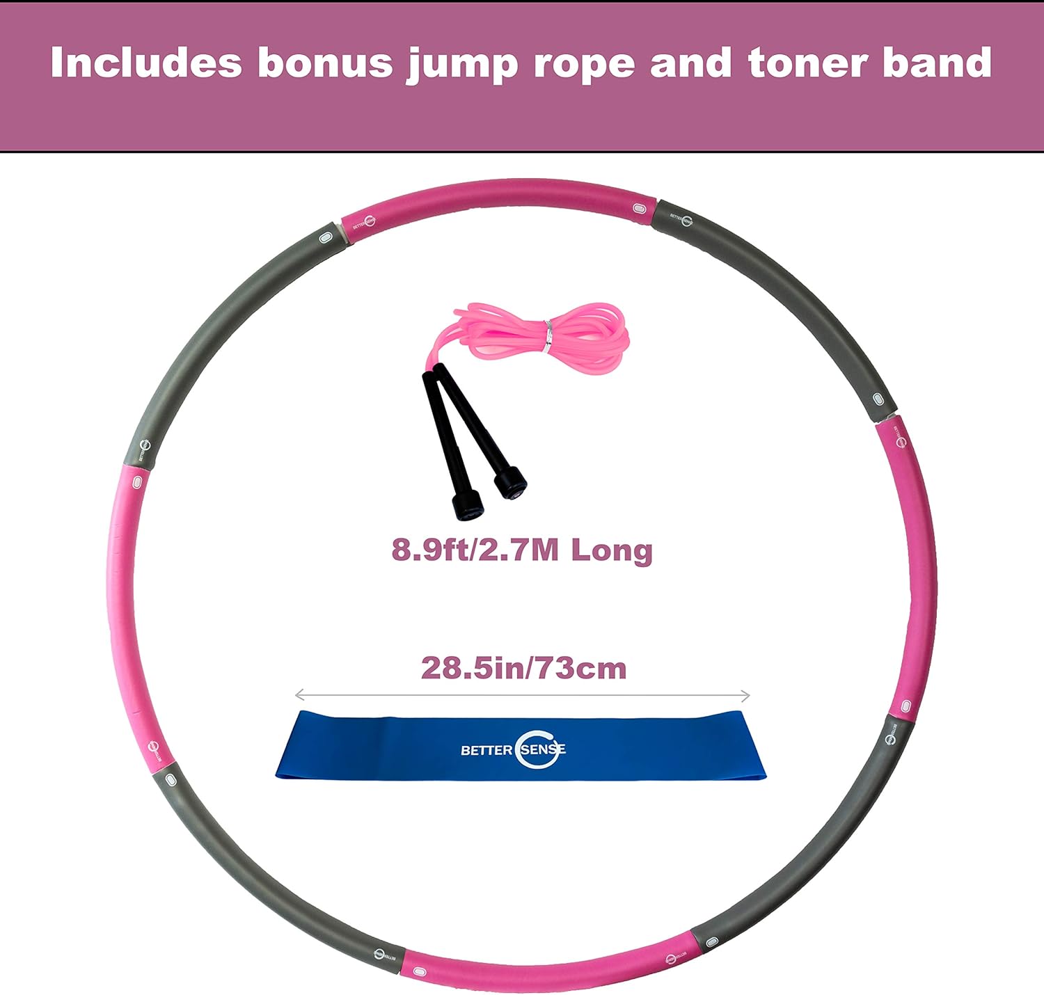 Better Sense Hoola Hoop for Adults - 8 Section Detachable Hoola Hoops, 2lb Weighted Hoola Hoop for Exercise - Portable Smooth & Soft Padding Weighted Hula Hoop with Jump Rope & Resistance Band: Toys & Games