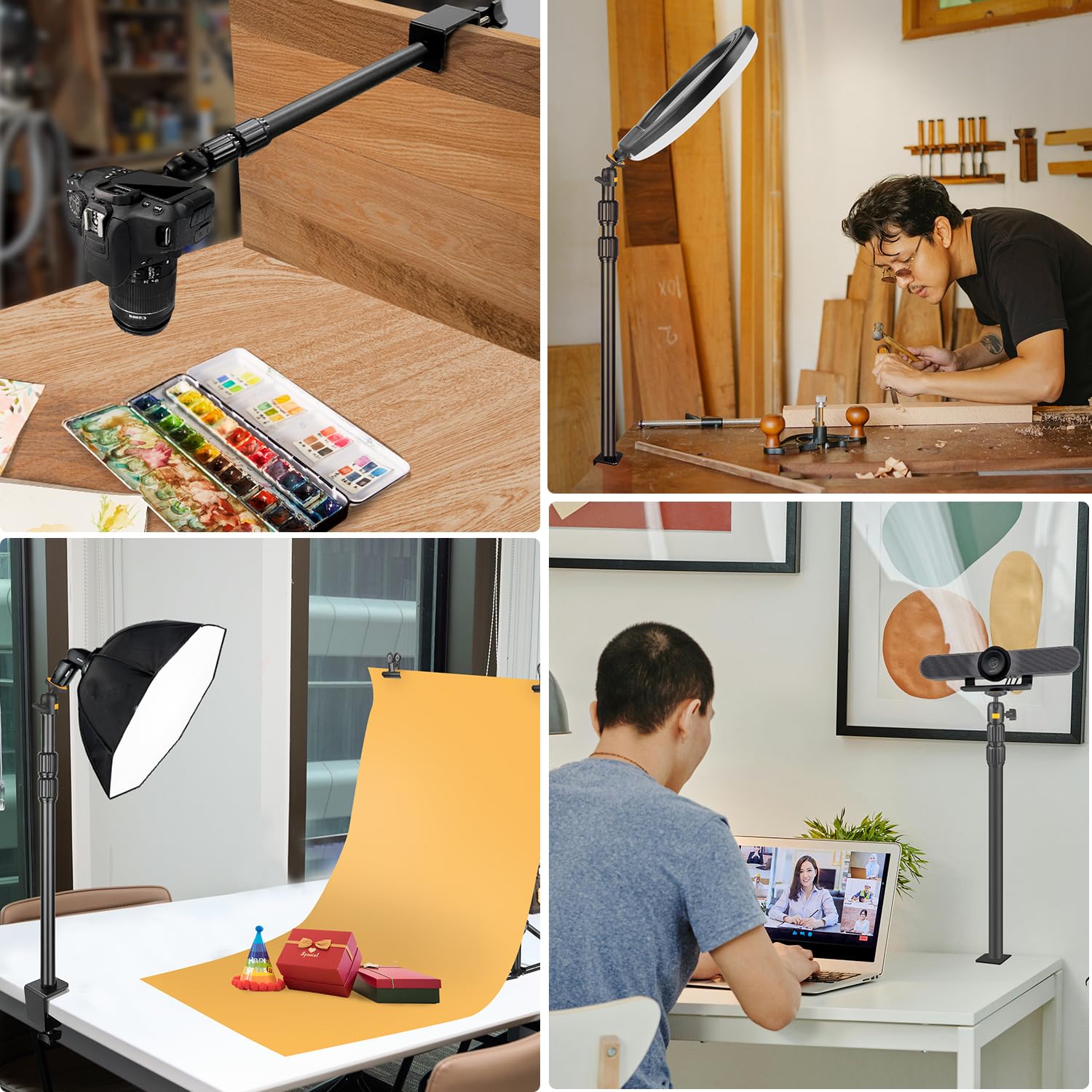Camera Desk Mount Webcam Stand with 360° Ball Head, Adjustable Table Light Stand 14