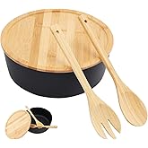 ECWAY Large Serving Bowl with Bamboo Lid and Utensils - 11.25 Inch Multipurpose Mixing Bowl for Salad, Pasta, Fruit, and Food Prep - Includes 12-Inch Bamboo Fork & Spoon (134OZ Black)