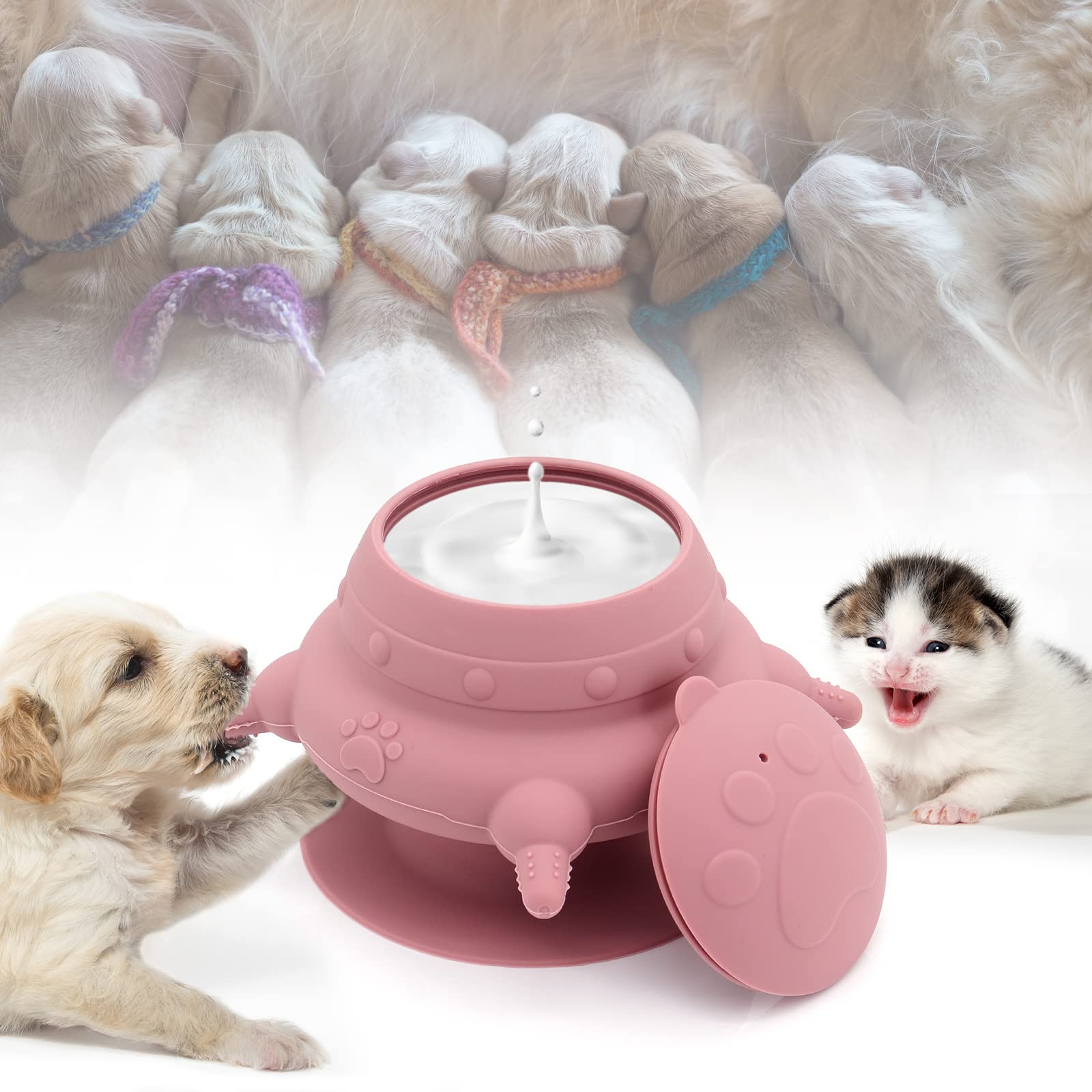 MoYouno Newborn Pet Feeder,4 Teats Puppy Bottles for Nursing Puppy Milk Feeder, Nursing Silicone Milk Bowl 150 ML,for Kitten Squirrels and Other Newborn Pets (pink)