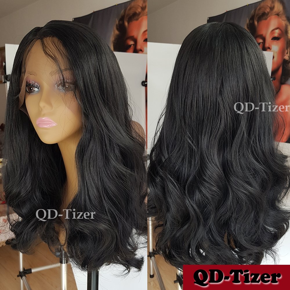 qd tizer Langes welliges Haar Kunsthaar Perücke Spitze vorne Perücke klebefreien Spitze schwarz Hitzebeständige Kunstfaser Haar Amazon Beauty