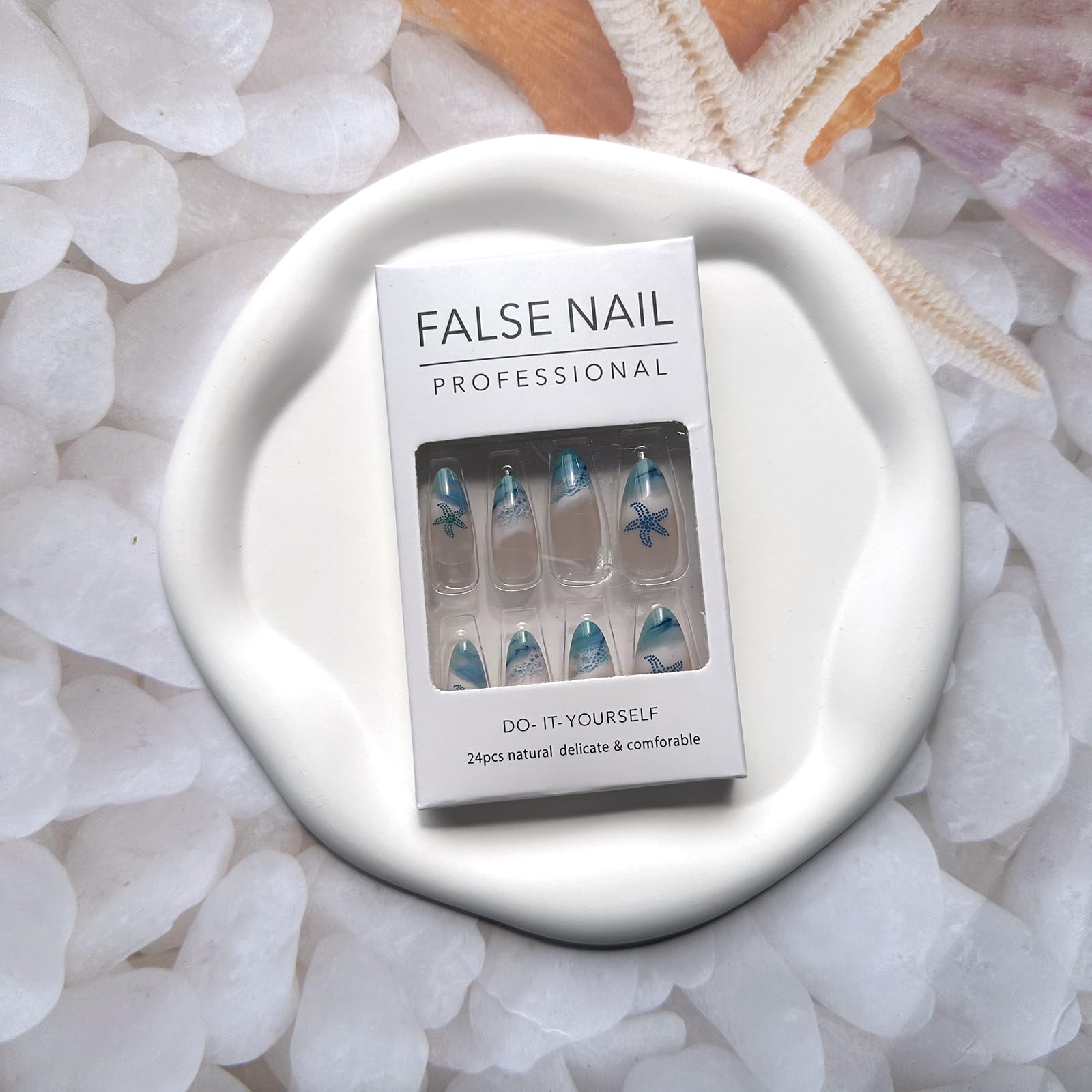 Almond Press On Nails Medium Length Fake Nails Full Cover False Nails with Beach Waves Starfish Design Glossy Summer Glue on Nails Cute Blue Nail Tips Acrylic Stick on Nails for Women Girls Manicure - Image 2