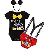 Baby Boy Mouse 1/2 First Birthday Outfit Romper + Suspenders + Pants + Headband Half Way to One Cake Smash Photo Shoot