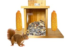 LENEDI Squirrel Feeder, Wooden Squirrel Feeders for Outside with Corn Cob Holder and Removable Front Panel, Outdoors Durable Wood Chipmunk House for Corn Peanuts, Easy to Clean & Refill, Rainproof