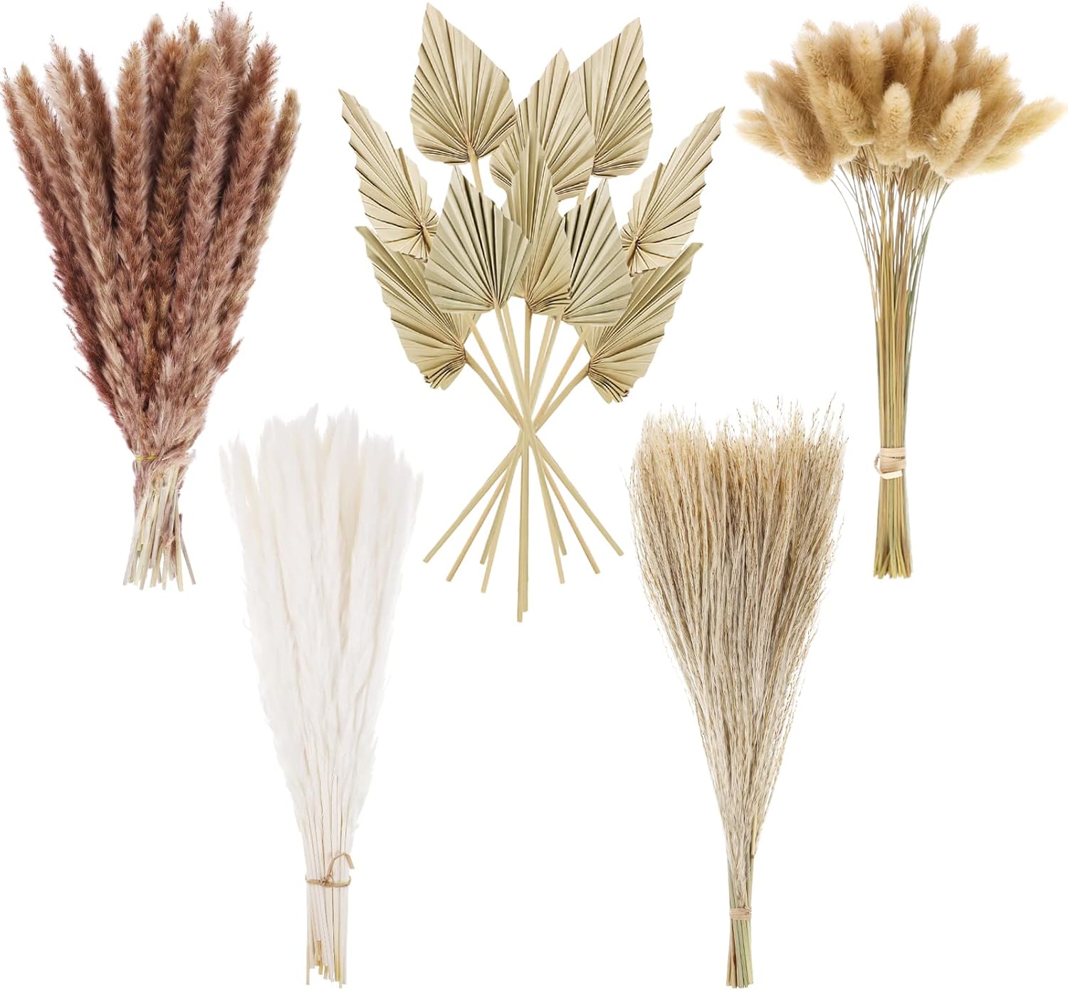 Dried & Preserved Flora - Chenkaiyang 110 Pieces Dried Pampas Grass Decor Bulk, Dried Palm Spears Bunny Tails Pampas Reed Grass Dried Palm Leaves Dried Flower Bouquet for Wedding Boho Home Decor