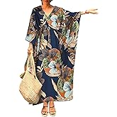 Bsubseach Kaftan Dresses for Women Floral Print Moo Moos Caftan Drawstring Plus Size Beach Cover Up Summer Maxi Dresses