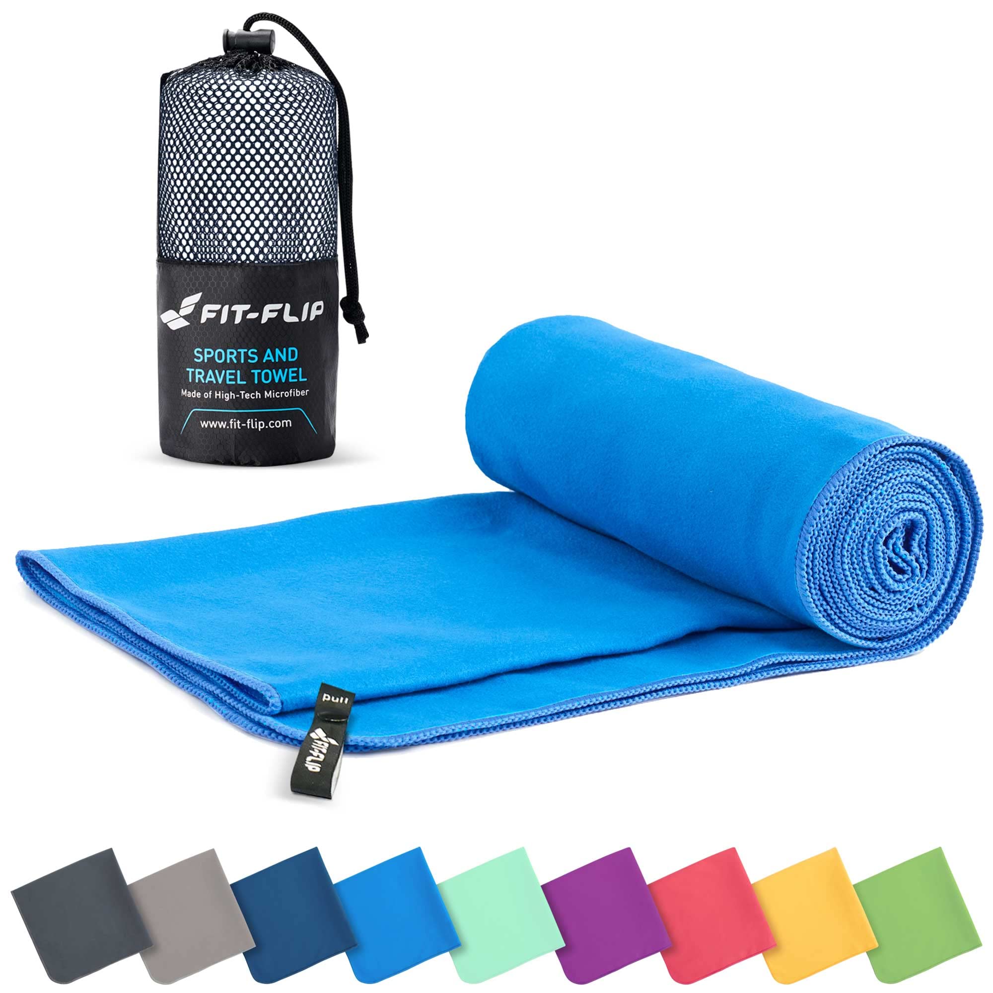 Fit-Flip Microfibre towel - compact, ultra lightweight & quick dry - perfect for gym, travel & beach - swimming towels for sports, camping & hiking (1x 40x80cm blue + bag)
