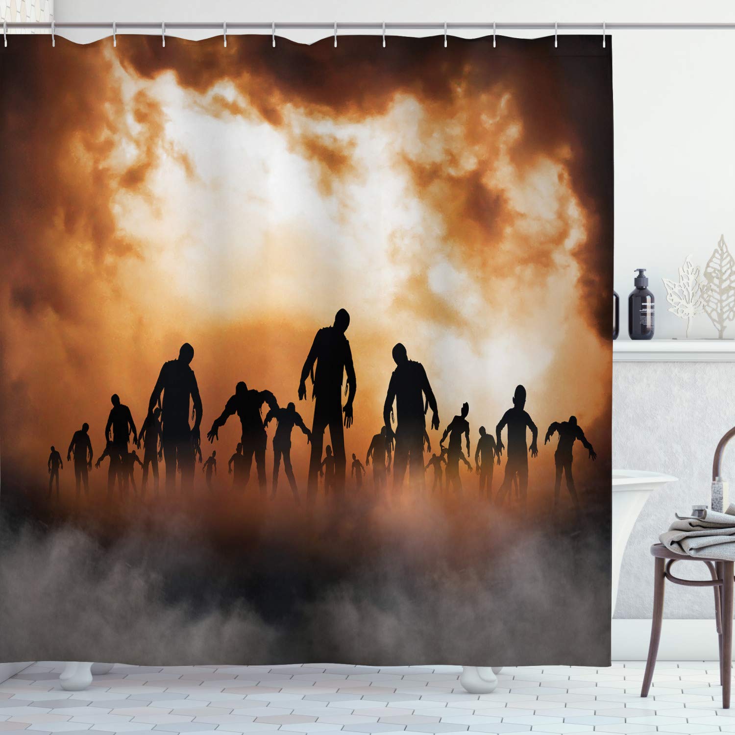 ABAKUHAUS Halloween Shower Curtain, Zombies Dead Men Walking Body in the Doom Mist at Night Sky Haunted Theme Print, Cloth Fabric Bathroom Decor Set with Hooks, 94 Inches, Orange Black