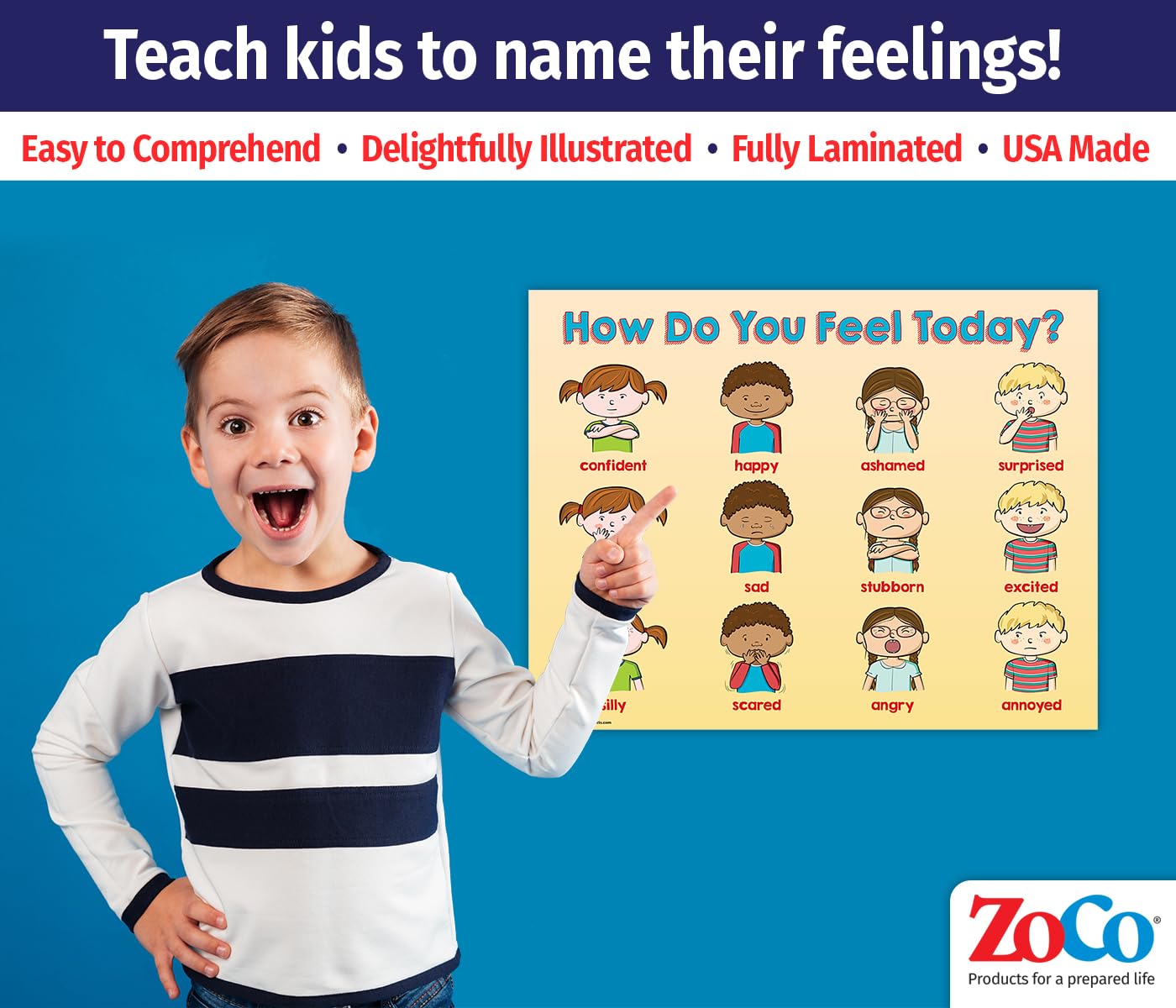 Safety Magnets ZOCO – How Am I Feeling Today? Poster – Laminated 17x22 – Emotions & Feelings Chart for Kids – Preschool Essentials – Classroom Decorations for Homeschool, Daycare, Teachers