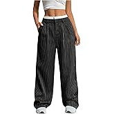 SOLY HUX Women's Striped Pants Color Block High Waisted Wide Leg Casual Work Office Long Trousers