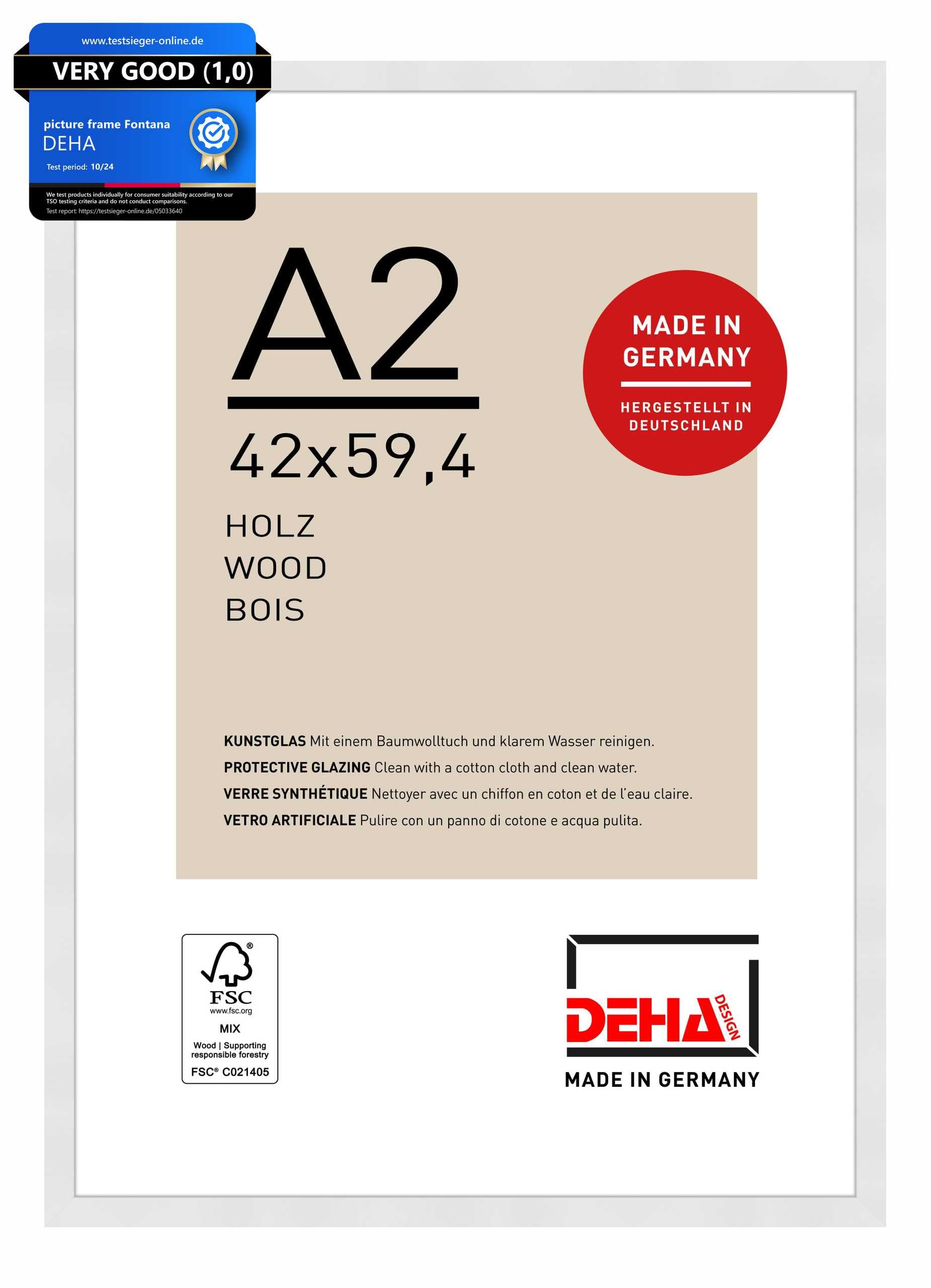 DEHA Design Fontana Wooden Picture Frame - A2 (42x59.4 cm) – White - with Synthetic Glass and Push/Turn Clips