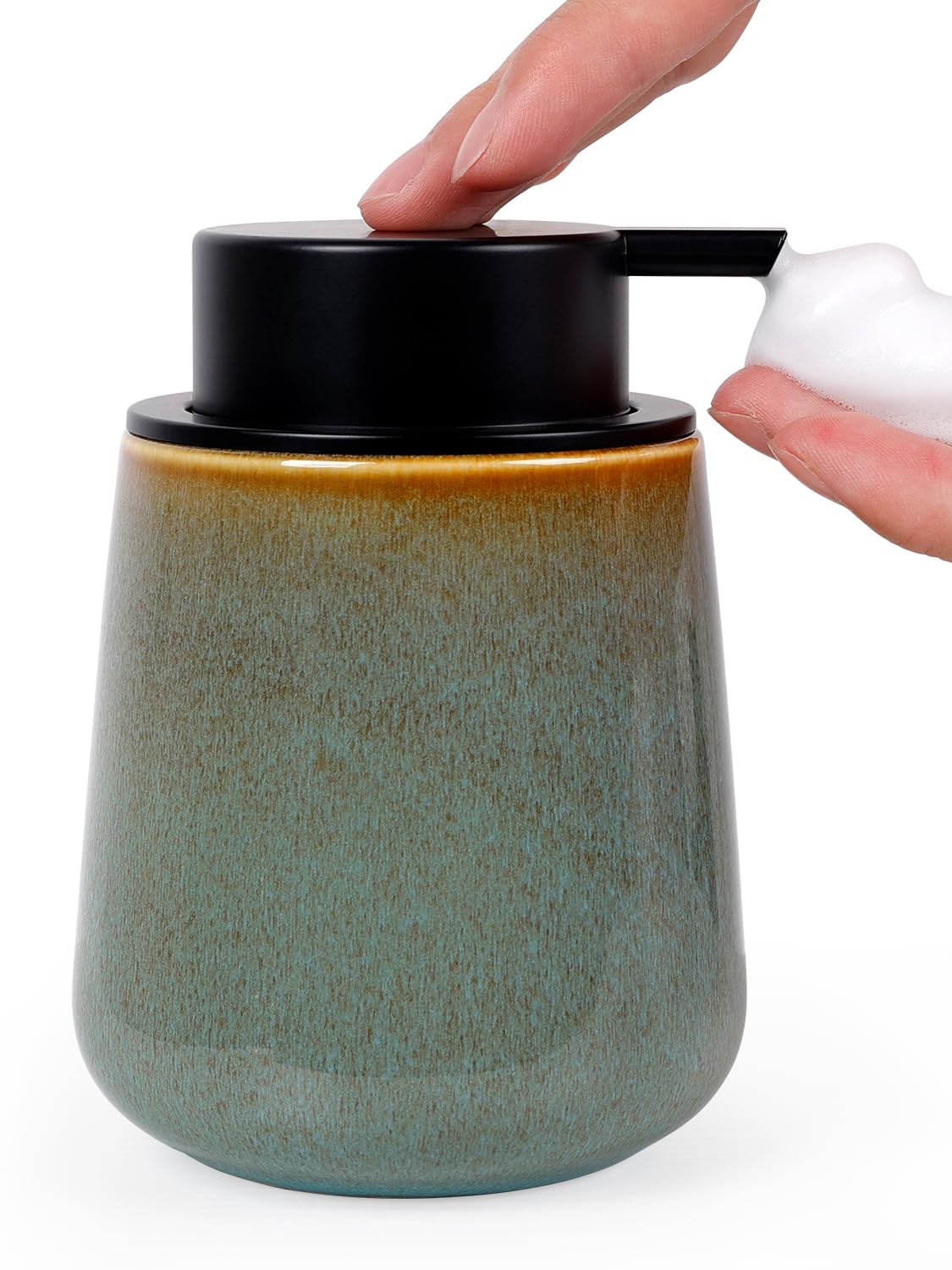 Photo 1 of INGOFIN Ceramic Foaming Soap Dispenser -12oz Foam Hand Soap Dispenser Bathroom, Modern Refillable Dish Wash Soap Bottle for Kitchen with Large Pump -Kiln-Glazed Green