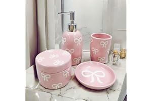 LUXAPE Bow Bathroom Set, 4 Pcs Ceramic Bathroom Accessory Sets - Soap Dispenser, Tumbler Toothbrush Holder, Vanity Soap Tray, Cotton Swab Jars - Pink Bathroom Decor Gift for Her (Pink)