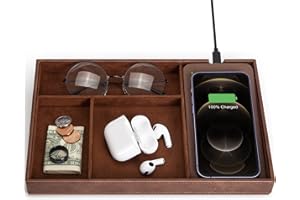 WIRELESS FUTURE CHARGER Valet Tray, Built in Wireless Charging Pad, Nightstand Organizer, Dresser Organizer, Mens Jewelry Box, Valet Charging Station, Faux Leather Valet Tray for Men and Women, Brown