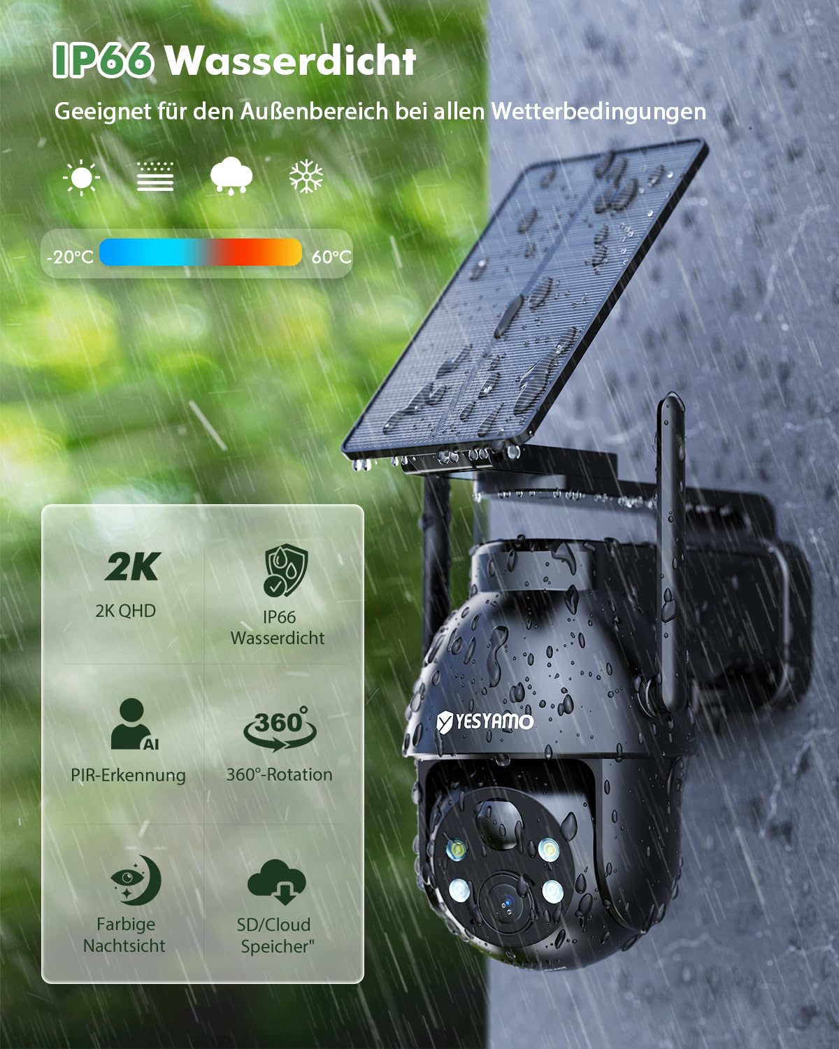 YESYAMO 2K Überwachungskamera Aussen Akku, 355°/90° Pan Tilt WLAN Kamera mit Farbnachtsicht, solar Kamera Überwachung außen, PIR Bewegungsmelder, IP66, Cloud/SD Storage, 2-Wege-Audio, 2,4 GHz WLAN 7