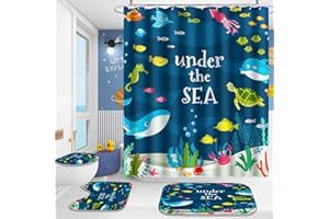Poedist 4 Pcs Bathroom Shower Curtain Sets,Kid's Shower Curtain Sets with Rugs(Bath Mat,U Shape and Toilet Lid Cover Mat) and 12 Hooks,Under The Sea
