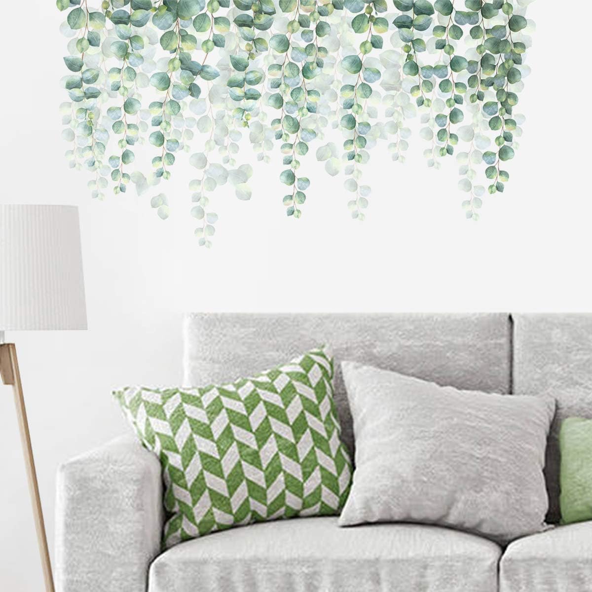 decalmile Stickers Muraux Verte Pendaison Vigne Autocollant Mural Eucalyptus Feuilles Décoration