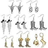 Zhamate 8 Pairs Cowgirl Earrings Rhinestone Western Vintage Rodeo Cowboy Boot Earrings Country Earrings Set Cowgirl Boot Hat Dangle Drop Earrings for Women