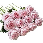 UKELER Pink Artificial Rose Flowers 12 Pcs Blossom Rose Flowers Real Touch Silk Faux Roses with Stem Rose Bouquets for Home Decoration Wedding Party Garden Floral Decor