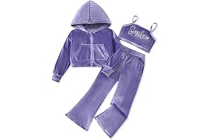 fioukiay Girls Sweatsuits Set Velour Tracksuit 3 Piece Outfits Zip Up Hoodies Camisole and Flare Pants Athletic Jogging Set