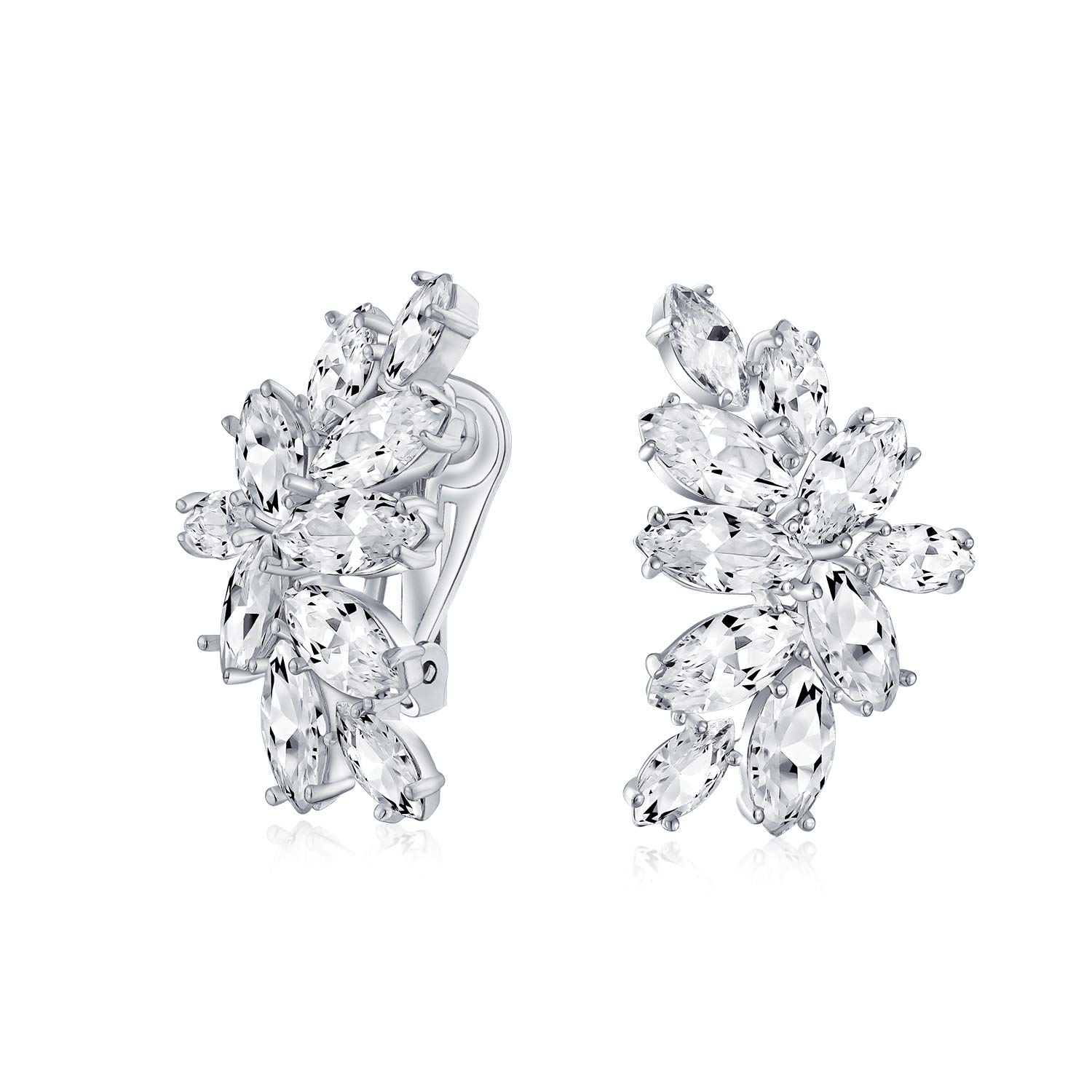 Elegant Classic Bridal Marquise Cut Clusters AAA Cubic Zirconia CZ Leaf Clip On Earrings For Women Wedding Prom Formal Party Silver Plated