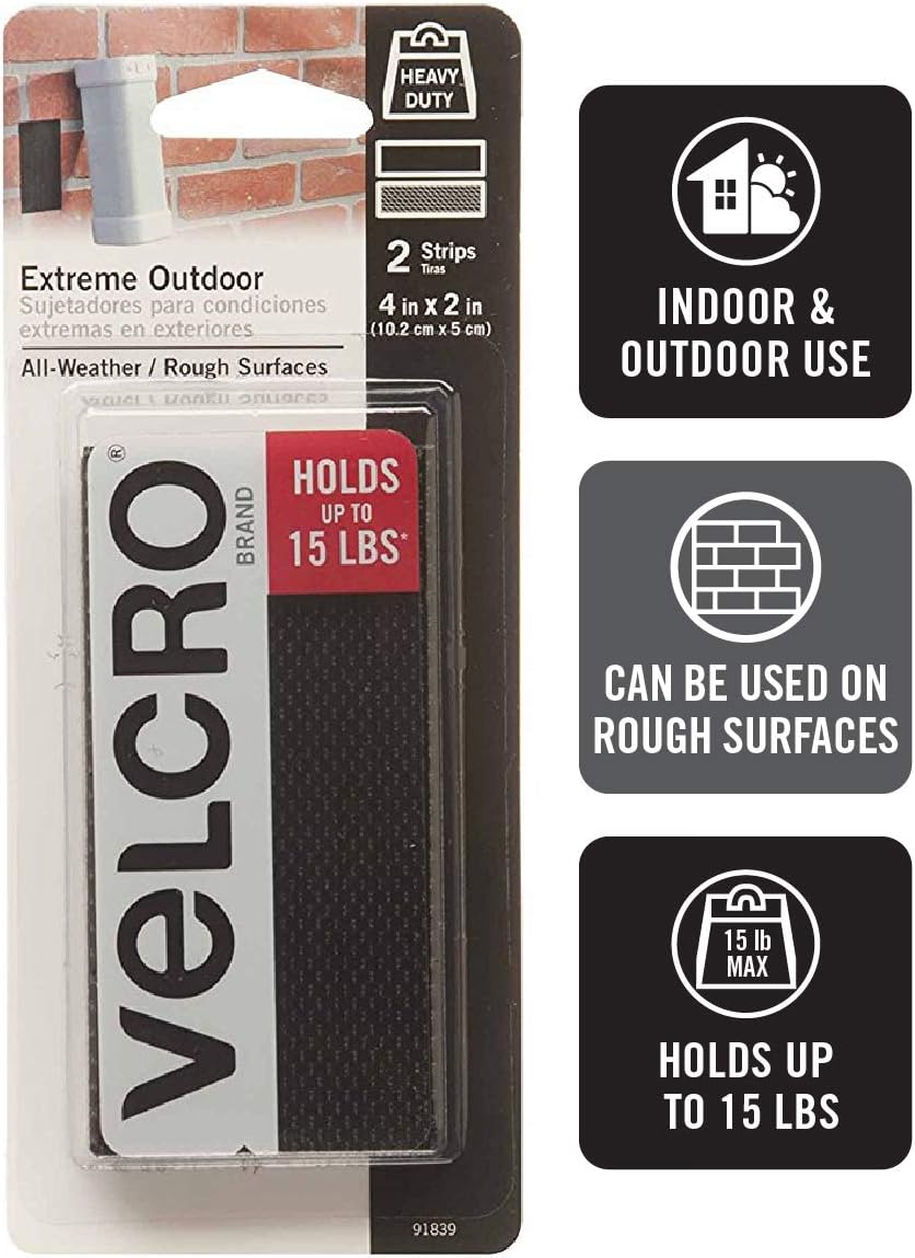 VELCRO Brand Extreme Tape Strips | 4 x 2 Inch 2 Sets | Holds 15 lbs |Heavy Duty Black with Stick on Adhesive | Strong Holding Power for Outdoor Use: Office Products
