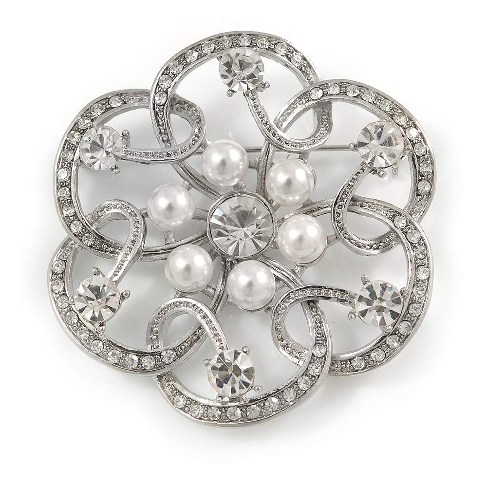 Bridal, Wedding, Prom Crystal, Simulated Pearl Open Flower Brooch In Rhodium Plating - 50mm
