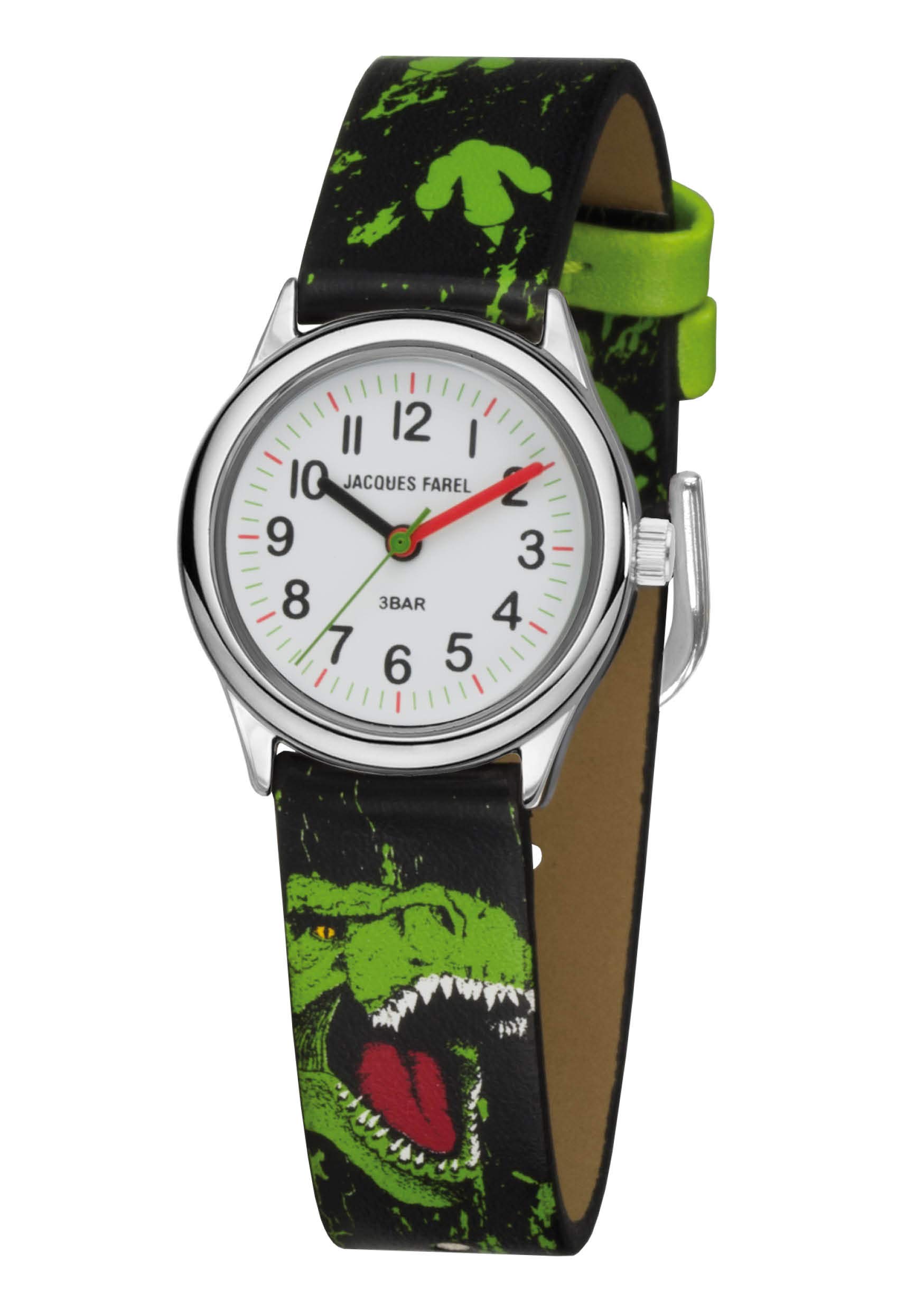 JACQUES FAREL HCC 921 Boys' Watch Dinosaur T-Rex Black Green Metal Boys Quartz Analogue, Black green steel colours, Strap