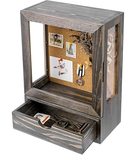 MyGift Vintage Gray Solid Wood Deep Shadow Box – Wall Mounted Display Case With Cork Back & Acrylic Panels, 11.2x15.1 Inches