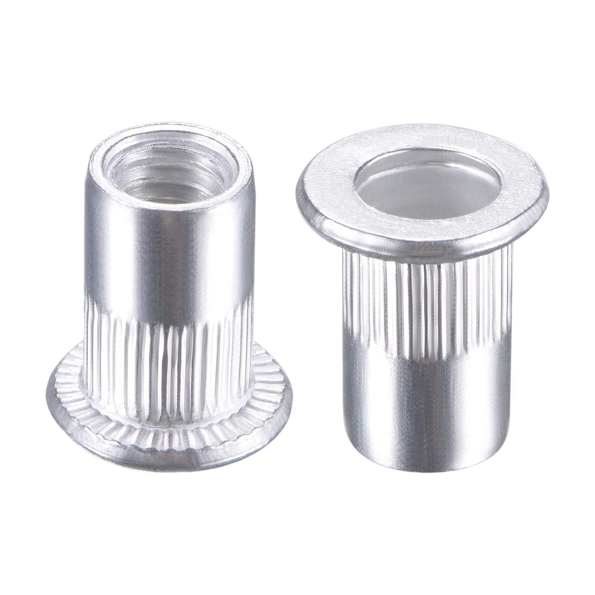 sourcing map M6 Rivet Nuts Aluminium Alloy Knurled Flat Head Threaded Insert Nut Silver 100pcs