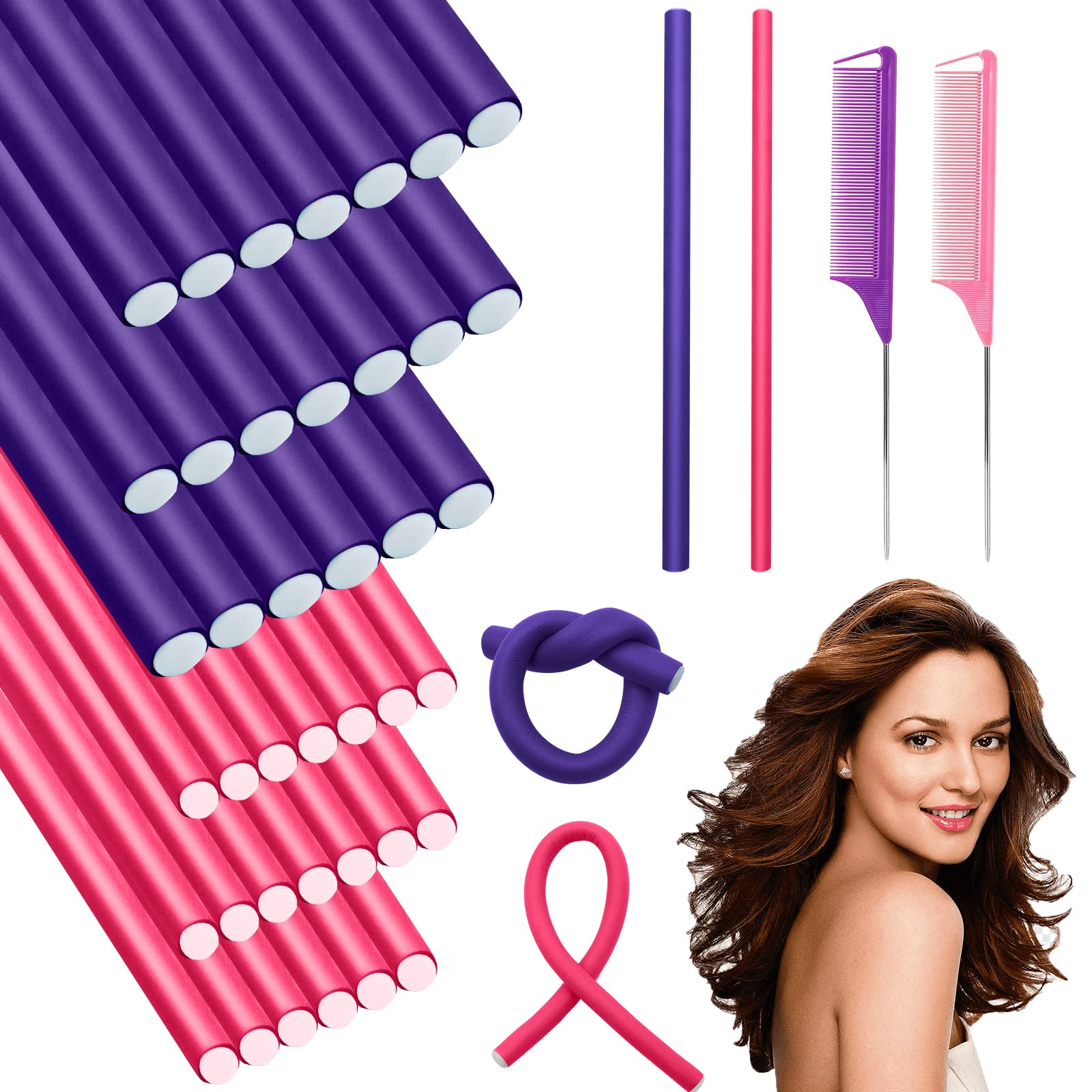 VEGCOO 42 Pcs Flexi Rods Kit, 40 Pcs 9.5'' Flexi Rods in 0.3''/0.5'' Diameters, Steel Pintail Comb for Long, Short Hair, DIY Salon