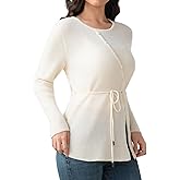 Women's Crew Neck Sweater Long Sleeve Pullover Tops Side Slit with Waist Lacing Sweater Lightweight Ribbed Knitted Tops